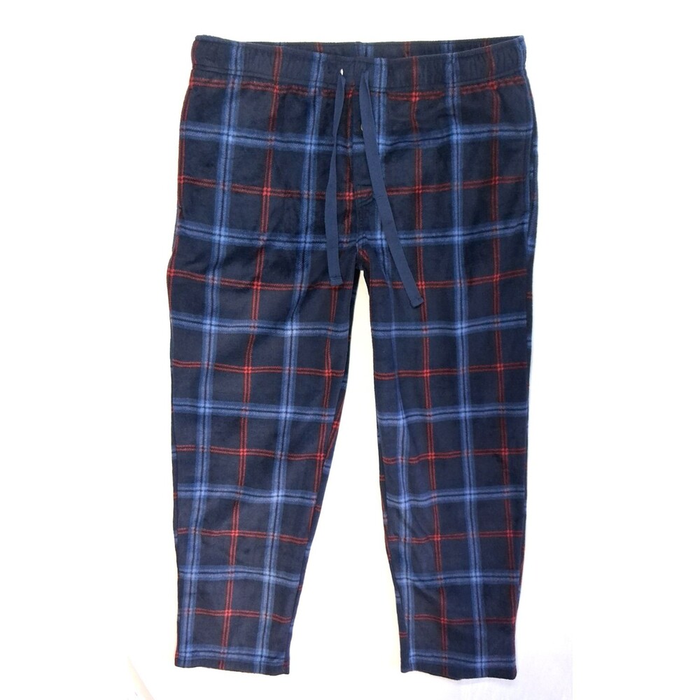 Vintage Fruit Of The Looms Blue Plaid Men XL Pajama Winter Fleece Pants Sleep